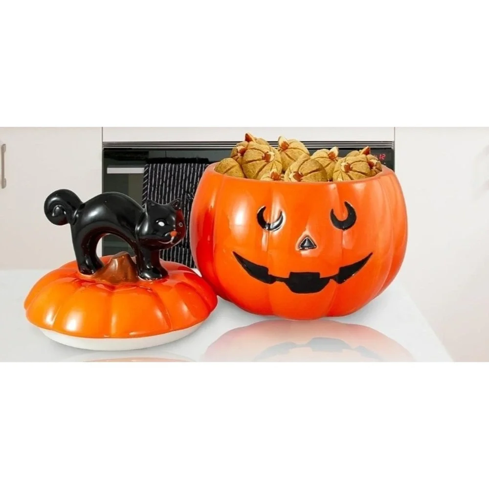 Halloween‎ Jack-o'-lantern Black Cat Cookie Jar Canister Storage New Without Tag